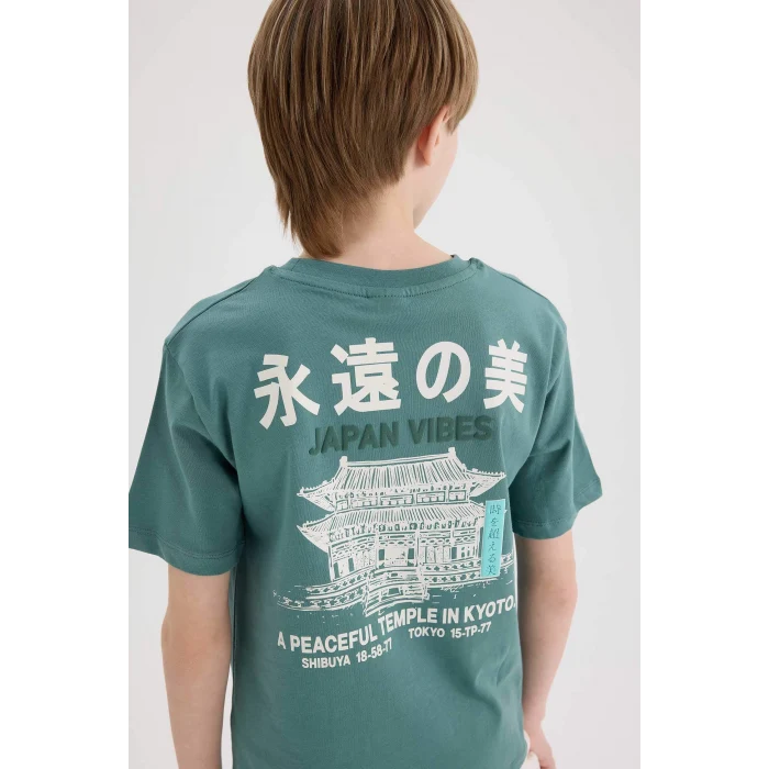 Defacto E5084 Yeşil Erkek Çocuk Bisiklet Yaka Sırt Baskılı Kısa Kollu Tişört