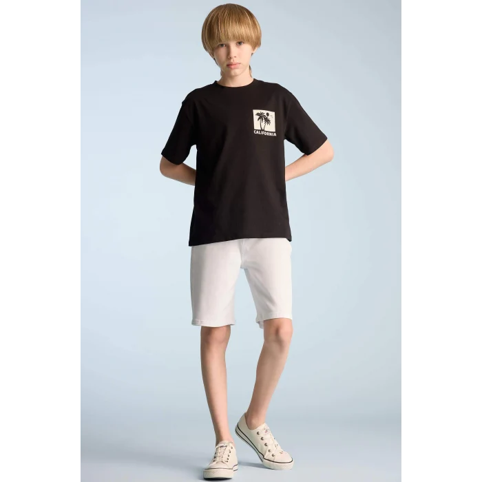 Defacto E0099 Siyah Erkek Çocuk Bisiklet Yaka Sırt Baskılı Kısa Kollu Tişört