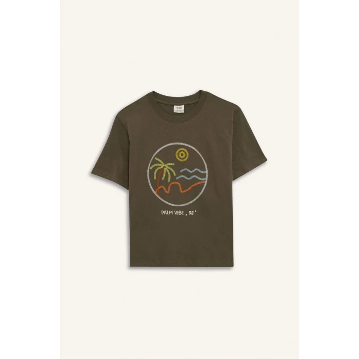 Defacto E0964 Haki Erkek Çocuk Bisiklet Yaka Nakışlı Kısa Kollu Tişört