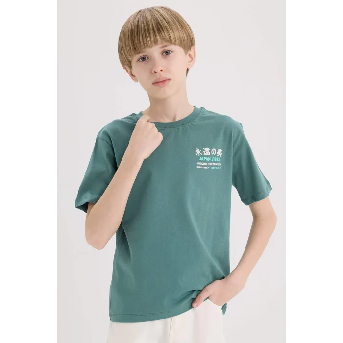 Defacto E5084 Yeşil Erkek Çocuk Bisiklet Yaka Sırt Baskılı Kısa Kollu Tişört