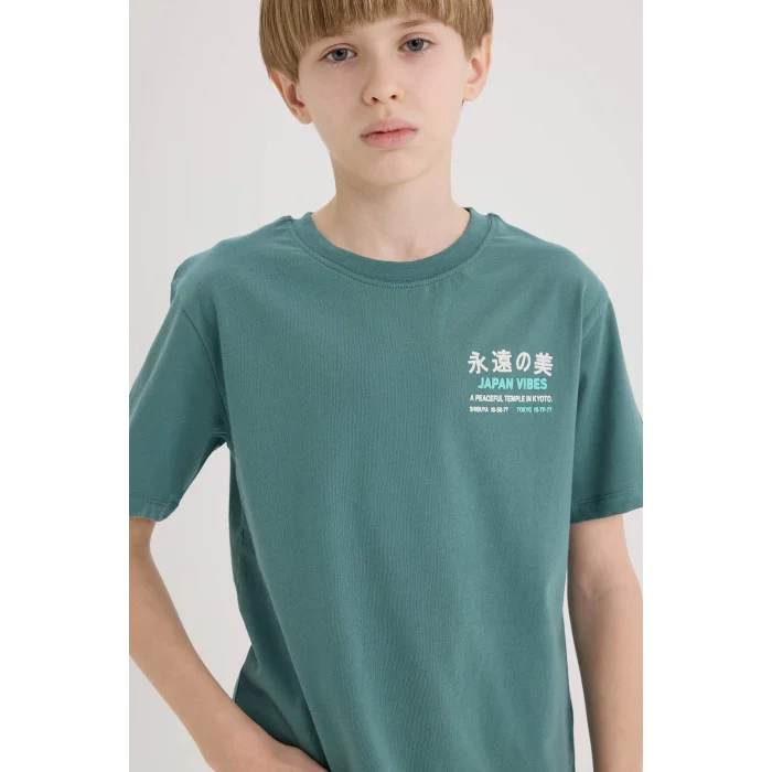 Defacto E5084 Yeşil Erkek Çocuk Bisiklet Yaka Sırt Baskılı Kısa Kollu Tişört