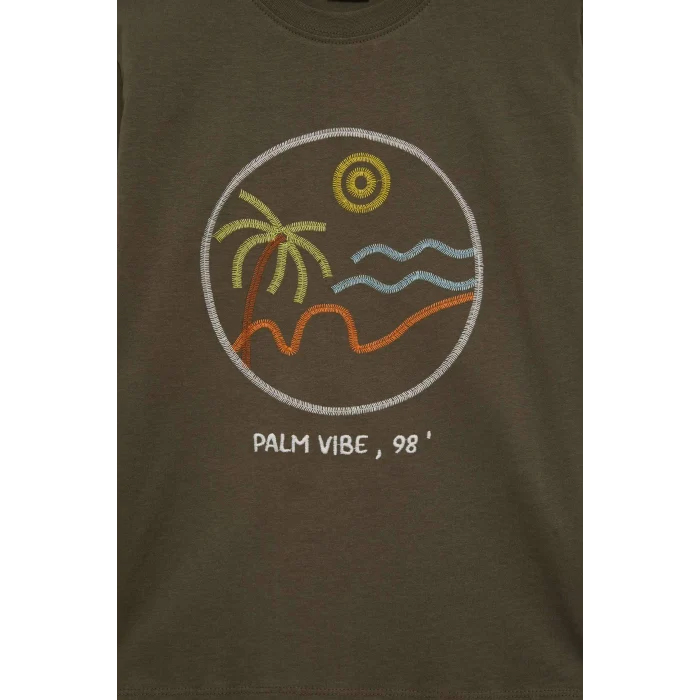 Defacto E0964 Haki Erkek Çocuk Bisiklet Yaka Nakışlı Kısa Kollu Tişört