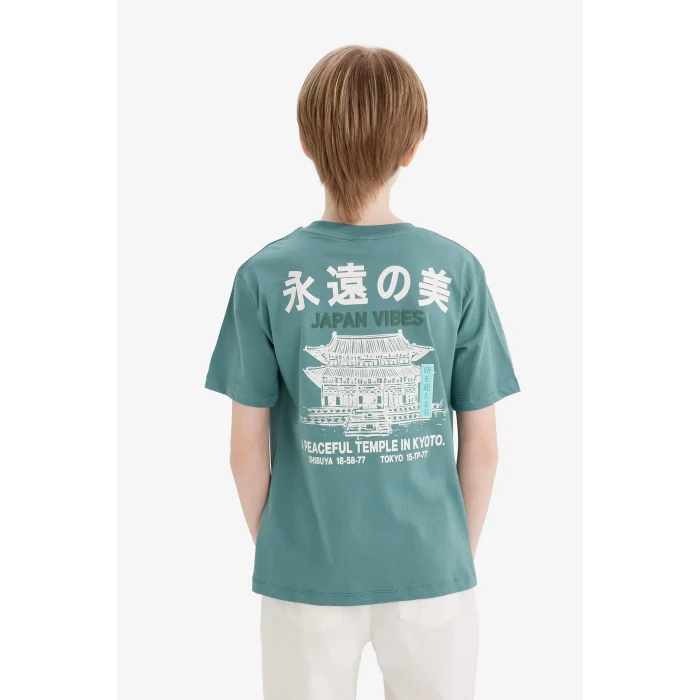 Defacto E5084 Yeşil Erkek Çocuk Bisiklet Yaka Sırt Baskılı Kısa Kollu Tişört