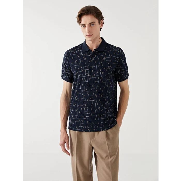 LCW Vision Lacivert Polo Yaka Kısa Kollu Desenli Pike Erkek Tişört