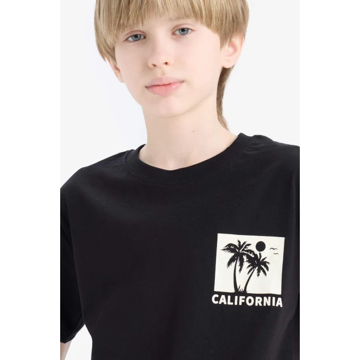 Defacto E0099 Siyah Erkek Çocuk Bisiklet Yaka Sırt Baskılı Kısa Kollu Tişört