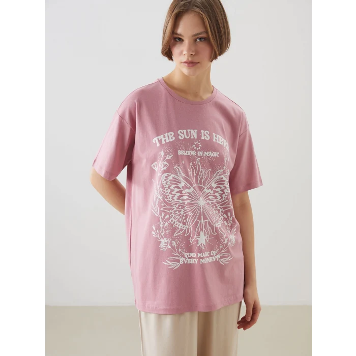 XSIDE Pembe Bisiklet Yaka Baskılı Kadın Tişört