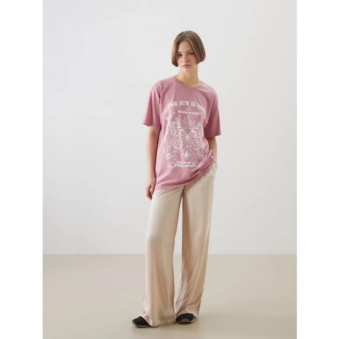 XSIDE Pembe Bisiklet Yaka Baskılı Kadın Tişört