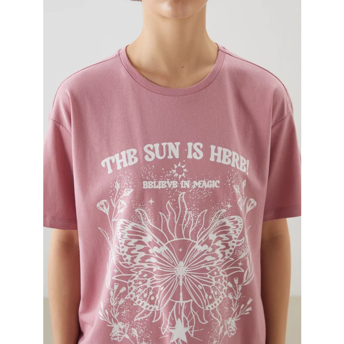 XSIDE Pembe Bisiklet Yaka Baskılı Kadın Tişört