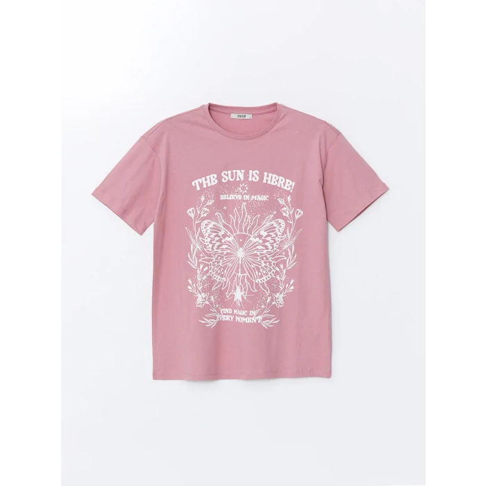 XSIDE Pembe Bisiklet Yaka Baskılı Kadın Tişört