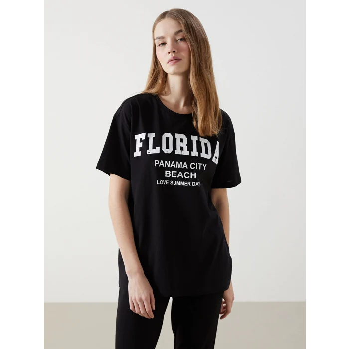 XSIDE Siyah Bisiklet Yaka Florida Baskılı Kadın Tişört