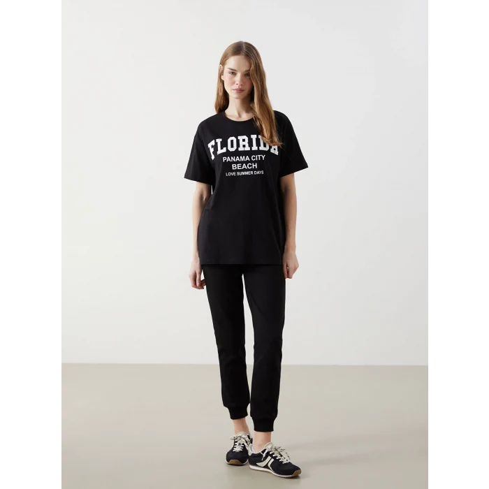 XSIDE Siyah Bisiklet Yaka Florida Baskılı Kadın Tişört