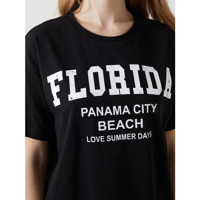 XSIDE Siyah Bisiklet Yaka Florida Baskılı Kadın Tişört