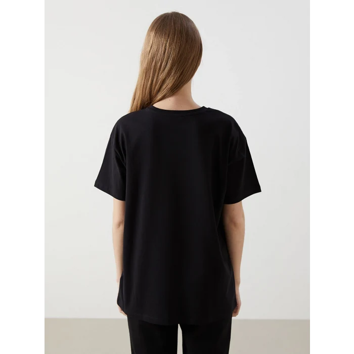 XSIDE Siyah Bisiklet Yaka Florida Baskılı Kadın Tişört