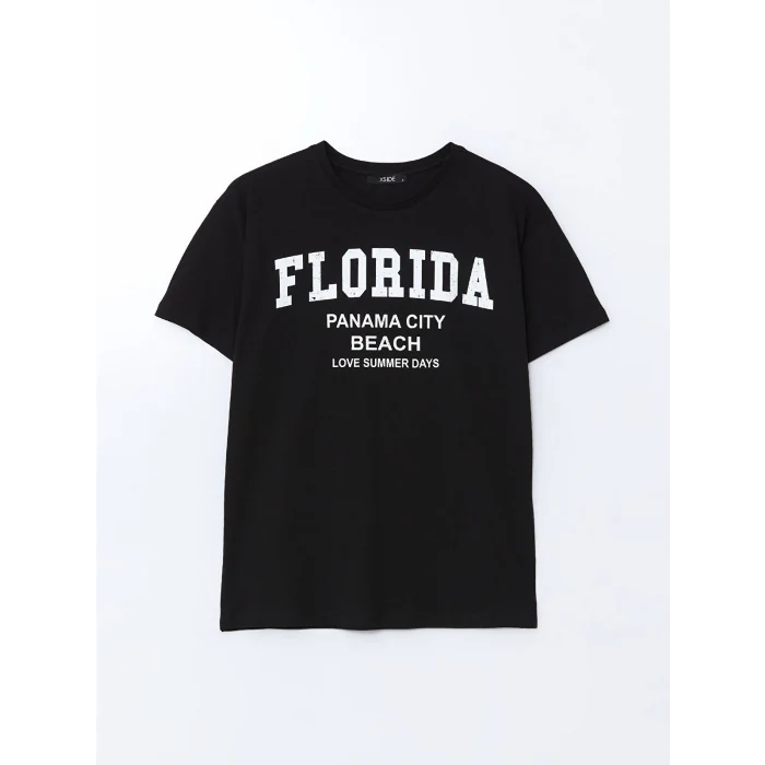 XSIDE Siyah Bisiklet Yaka Florida Baskılı Kadın Tişört