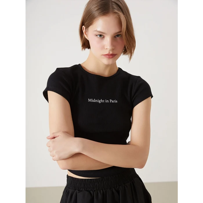 XSIDE Siyah Bisiklet Yaka Baskılı Paris Kadın Tişört