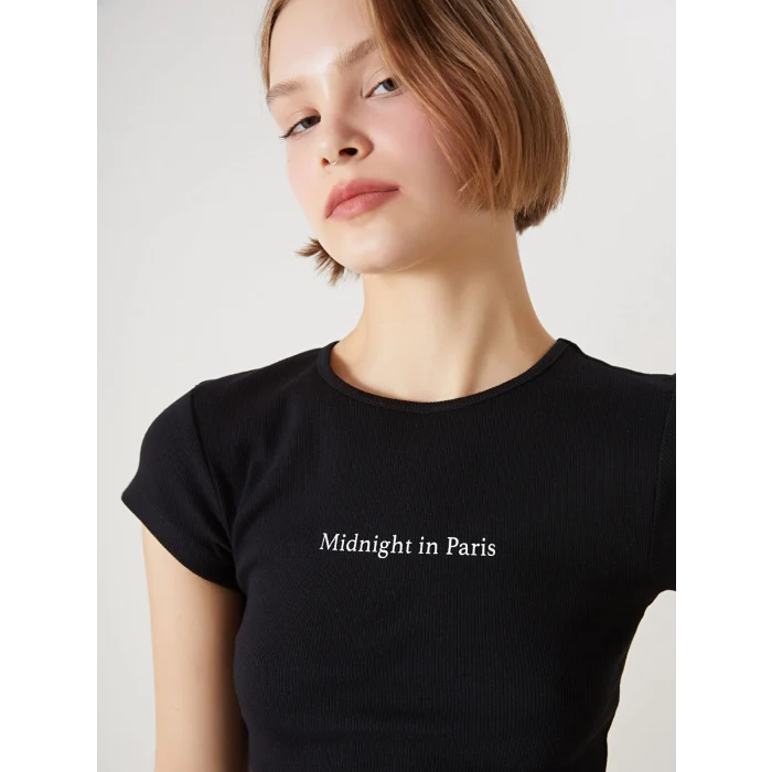 XSIDE Siyah Bisiklet Yaka Baskılı Paris Kadın Tişört