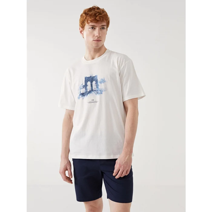 XSIDE Ekru Bisiklet Yaka Baskılı Penye Erkek Tişört