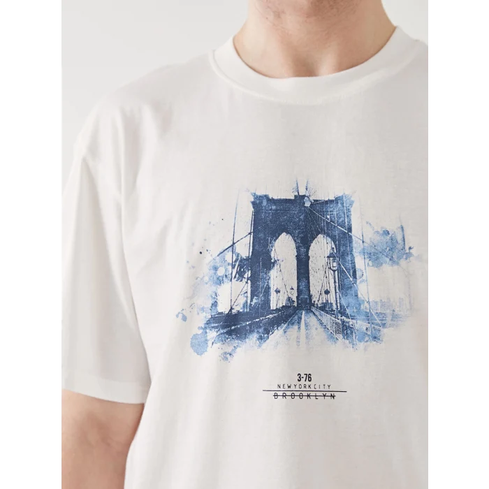 XSIDE Ekru Bisiklet Yaka Baskılı Penye Erkek Tişört