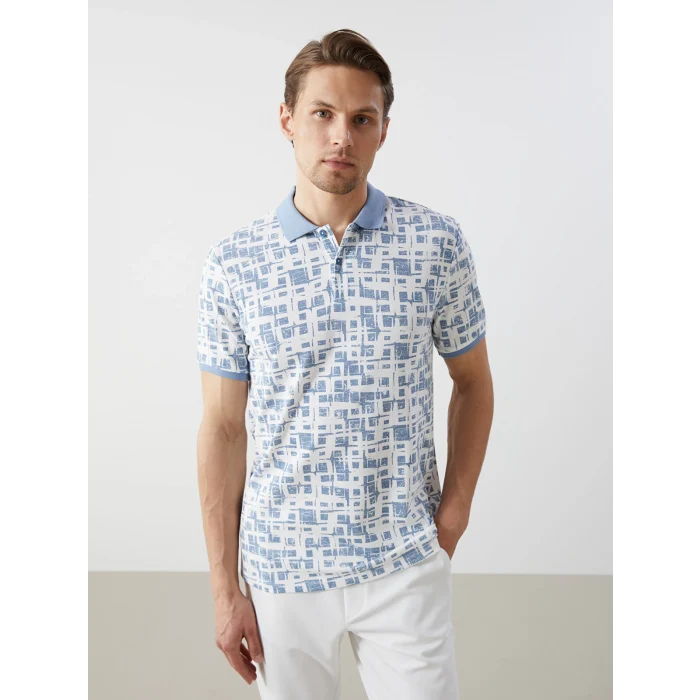 LCW Vision Mavi Polo Yaka Kısa Kollu Desenli Pike Erkek Tişört