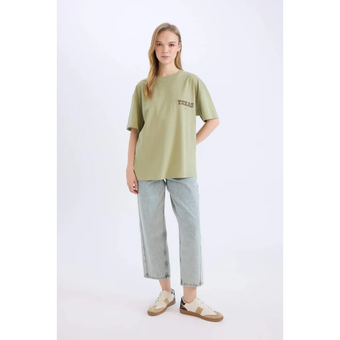 Defacto D9610 Haki Oversize Geniş Kalıp Bisiklet Yaka Sırt Baskılı Kısa Kollu Tişört