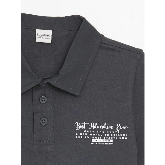 LCW Kids Antrasit Polo Yaka Baskılı Kısa Kollu Erkek Çocuk Tişört