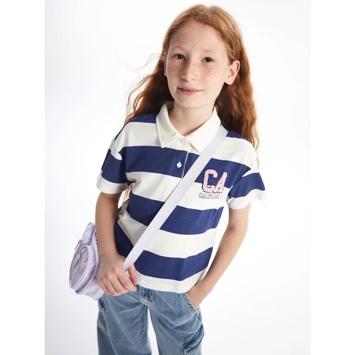 LCW Kids Lacivert Polo Yaka Kısa Kollu Kız Çocuk Tişört