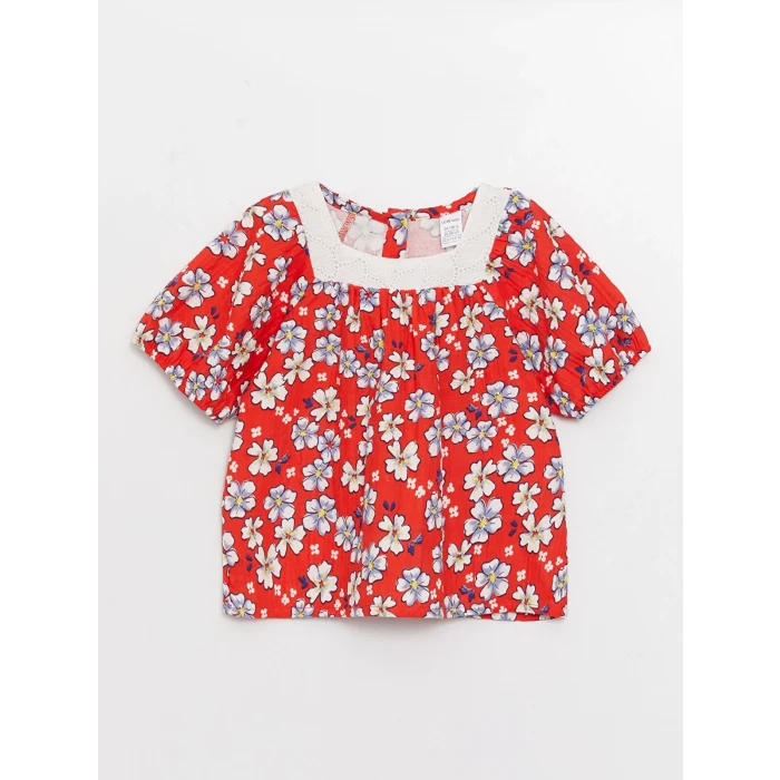 LCW baby Kirmizi Kare Yaka Kısa Kollu Desenli Kız Bebek Bluz ve Pantolon 2li Takım