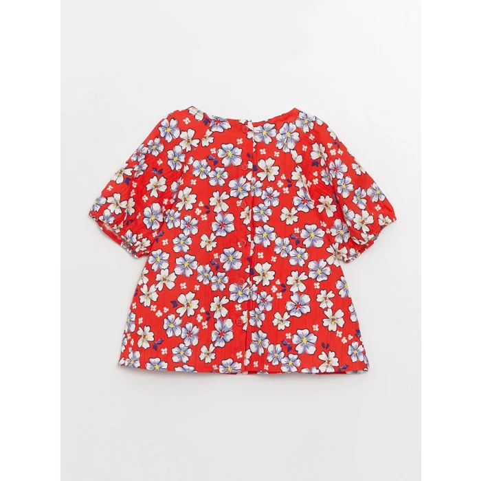 LCW baby Kirmizi Kare Yaka Kısa Kollu Desenli Kız Bebek Bluz ve Pantolon 2li Takım