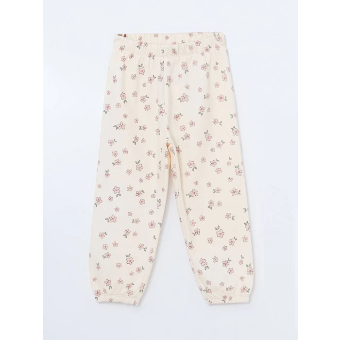 LCW Kids Ekru Beli Lastikli Çiçekli Kız Çocuk Eşofman Alt