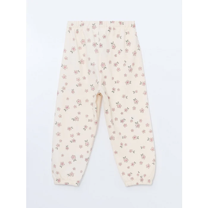 LCW Kids Ekru Beli Lastikli Çiçekli Kız Çocuk Eşofman Alt