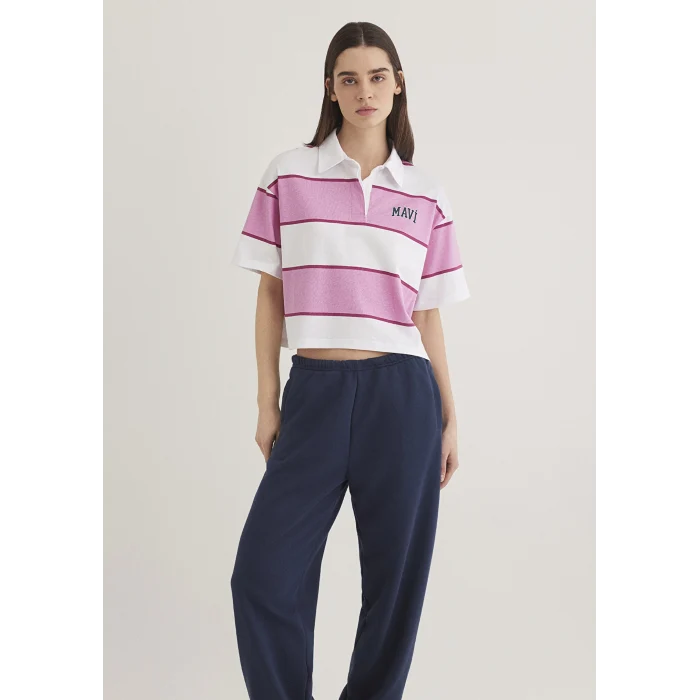 Mavi 1613005-89359 Mavi Logo Baskılı Pembe Çizgili Polo Tişört