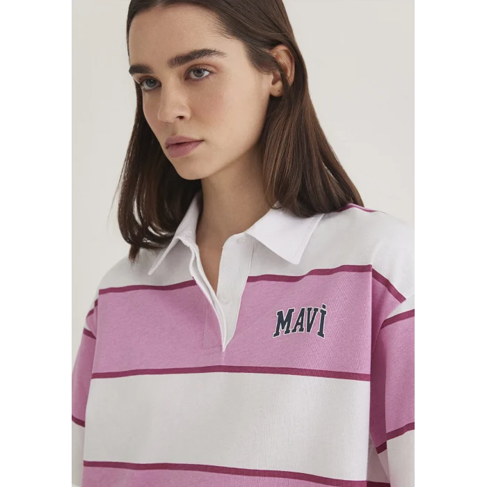 Mavi 1613005-89359 Mavi Logo Baskılı Pembe Çizgili Polo Tişört