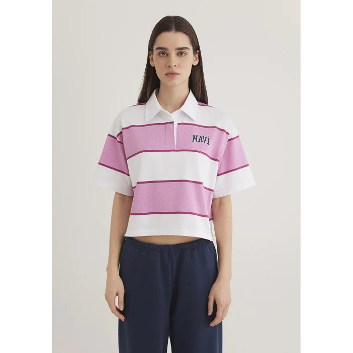 Mavi 1613005-89359 Mavi Logo Baskılı Pembe Çizgili Polo Tişört