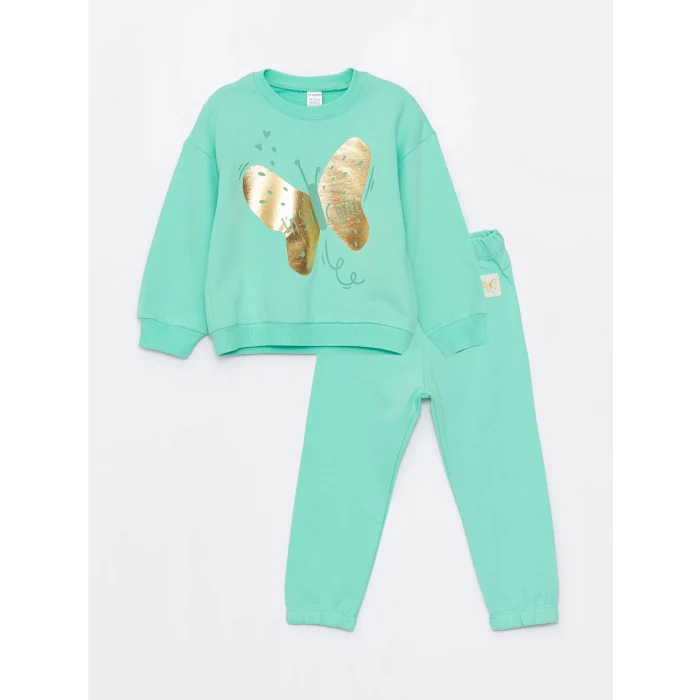 LCW Kids Yeşil Bisiklet Yaka Uzun Kollu Kız Bebek Sweatshirt ve Eşofman Alt 2li Takım