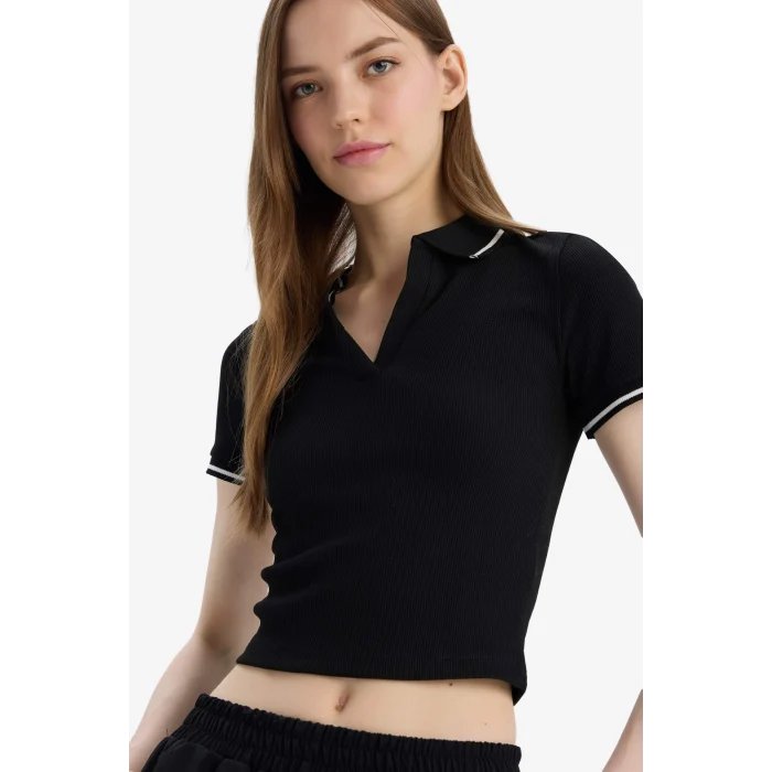 Defacto E7906 Siyah Fitted Polo Yaka Basic DÜZ Fitilli Kaşkorse Kısa Kollu Tişört