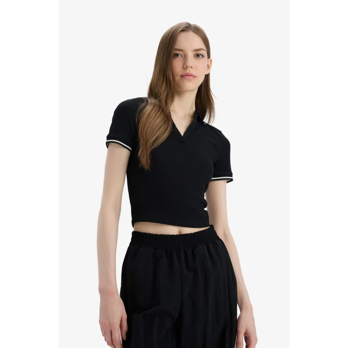 Defacto E7906 Siyah Fitted Polo Yaka Basic DÜZ Fitilli Kaşkorse Kısa Kollu Tişört