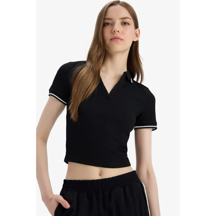 Defacto E7906 Siyah Fitted Polo Yaka Basic DÜZ Fitilli Kaşkorse Kısa Kollu Tişört