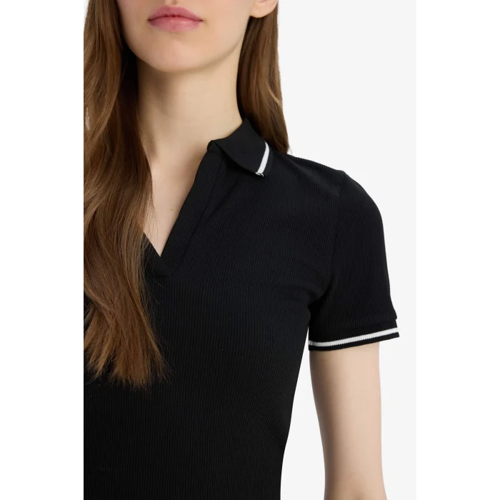 Defacto E7906 Siyah Fitted Polo Yaka Basic DÜZ Fitilli Kaşkorse Kısa Kollu Tişört