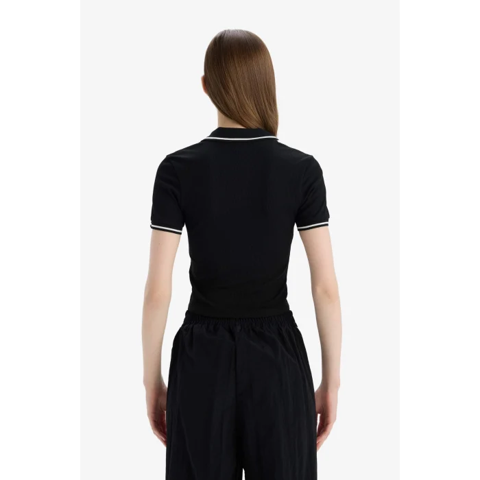 Defacto E7906 Siyah Fitted Polo Yaka Basic DÜZ Fitilli Kaşkorse Kısa Kollu Tişört