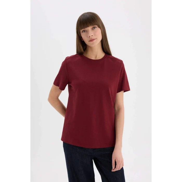 Defacto A9428 Bordo Regular Fit Bisiklet Yaka Basic Düz l Premium Kısa Kollu Bordo Tişört