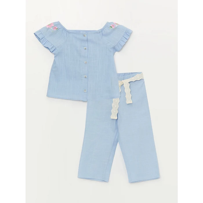 LCW baby Mavi Kare Yaka Kız Bebek Gömlek ve Pantolon 2li Takım