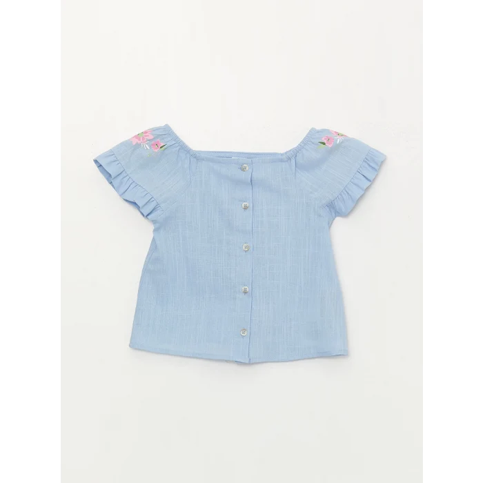 LCW baby Mavi Kare Yaka Kız Bebek Gömlek ve Pantolon 2li Takım