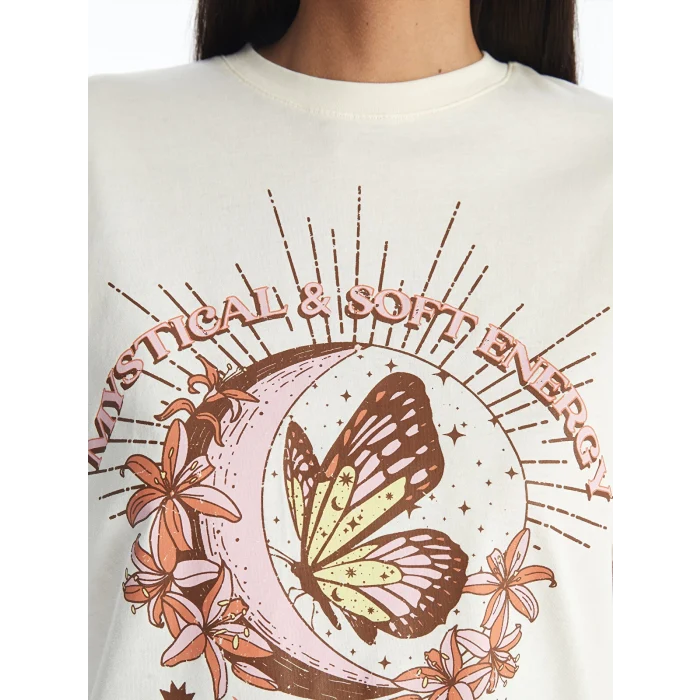 LCW Modest Ekru Bisiklet Yaka Baskılı Kısa Kollu Kadın Tişört