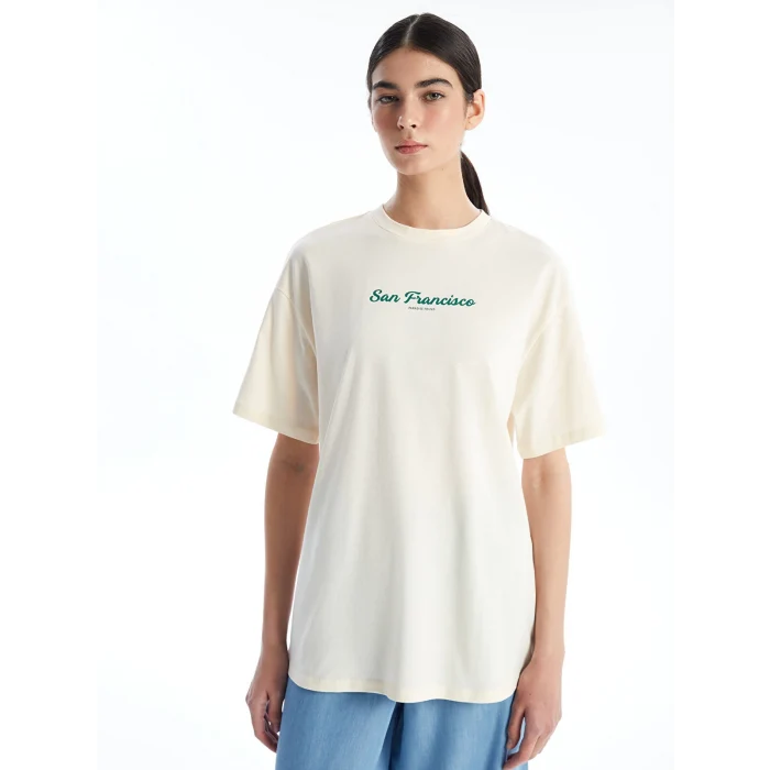 LCW Modest Ekru Bisiklet Yaka Baskılı Kısa Kollu Kadın Tişört