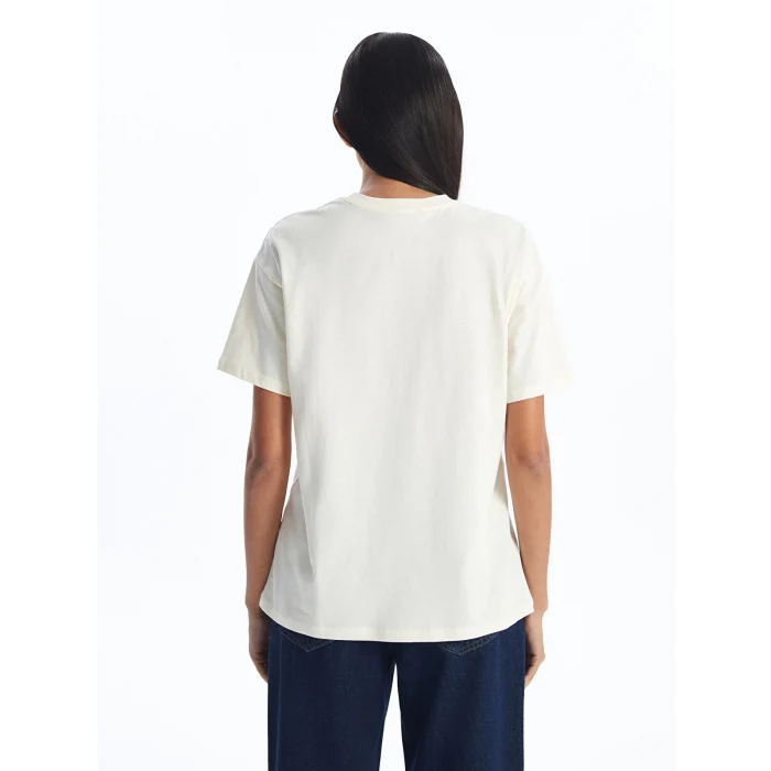 LCW Modest Ekru Bisiklet Yaka Baskılı Kısa Kollu Kadın Tişört