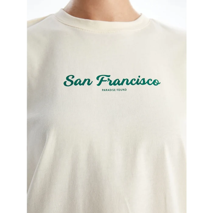 LCW Modest Ekru Bisiklet Yaka Baskılı Kısa Kollu Kadın Tişört