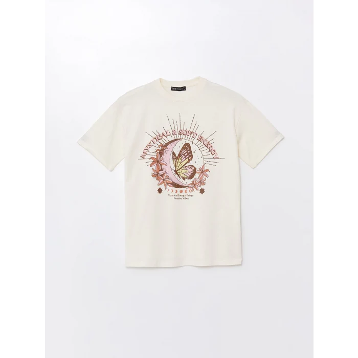 LCW Modest Ekru Bisiklet Yaka Baskılı Kısa Kollu Kadın Tişört