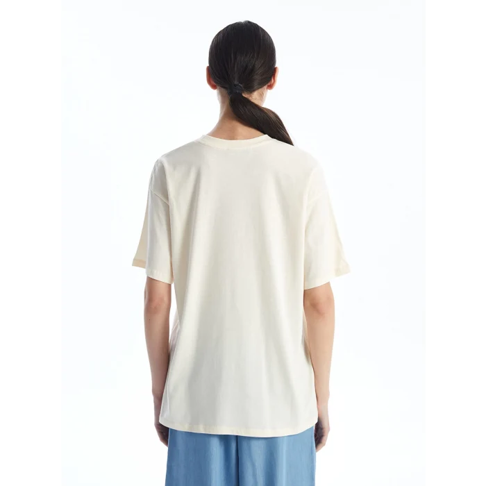 LCW Modest Ekru Bisiklet Yaka Baskılı Kısa Kollu Kadın Tişört