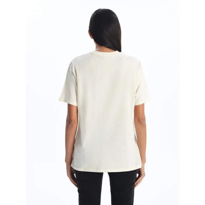 LCW Modest Ekru Bisiklet Yaka Baskılı Kısa Kollu Kadın Tişört