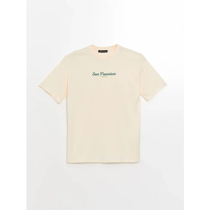 LCW Modest Ekru Bisiklet Yaka Baskılı Kısa Kollu Kadın Tişört